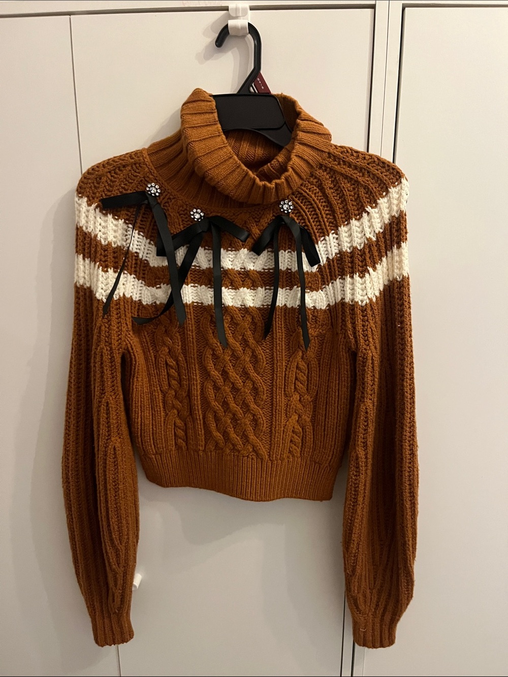 Anthropologie Rust & White Cable Knit Turtleneck Sweater with Ribbon Bows